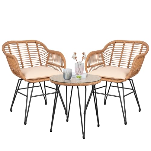 3 Piece Wicker Bistro Set with Table and Cushions