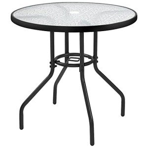 Round Patio Dining Table with Glass Top and Parasol Hole