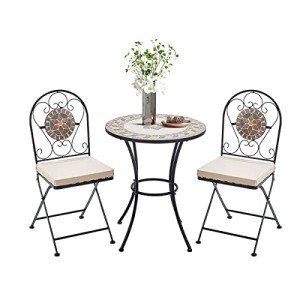 Mosaic Bistro Set with Folding Chairs and Cushions