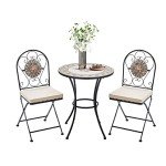 Mosaic Bistro Set with Folding Chairs and Cushions