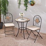 Mosaic Bistro Set with Folding Chairs and Cushions