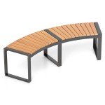 Curved Acacia Wood Firepit Bench with Metal Frame