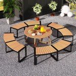 Curved Acacia Wood Firepit Bench with Metal Frame