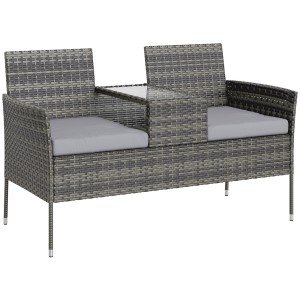 Charcoal Grey Rattan Garden Bench with Glass Table