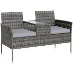 Charcoal Grey Rattan Garden Bench with Glass Table