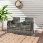 Charcoal Grey Rattan Garden Bench with Glass Table