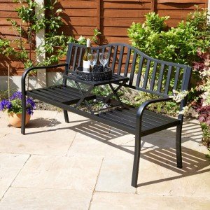 Black Garden Bench Loveseat with Drinks Table