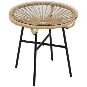 Beige Rattan Side Table with Glass Top