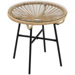 Beige Rattan Side Table with Glass Top