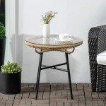 Beige Rattan Side Table with Glass Top