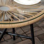 Beige Rattan Side Table with Glass Top