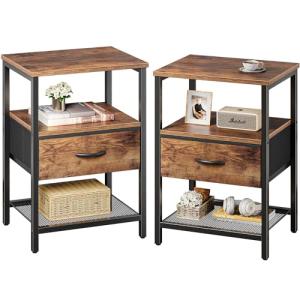 Rustic Brown Nightstand Set with Fabric Drawers