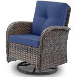 Brown Wicker Swivel Glider Chair with Blue Cushion