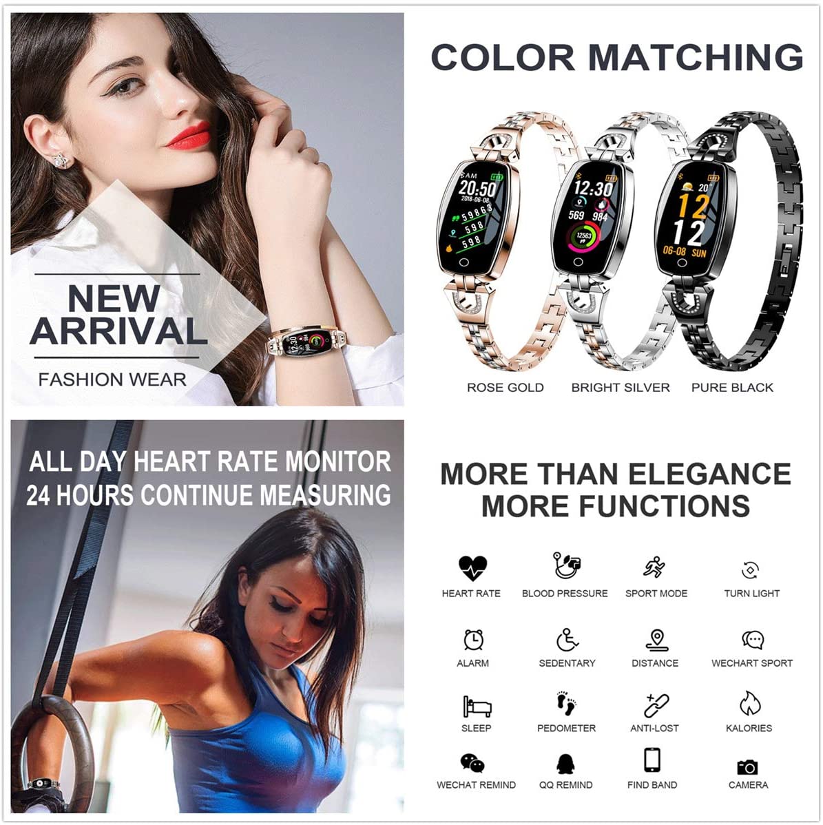 Women's Stainless Steel Fitness Smartwatch with Heart Monitor