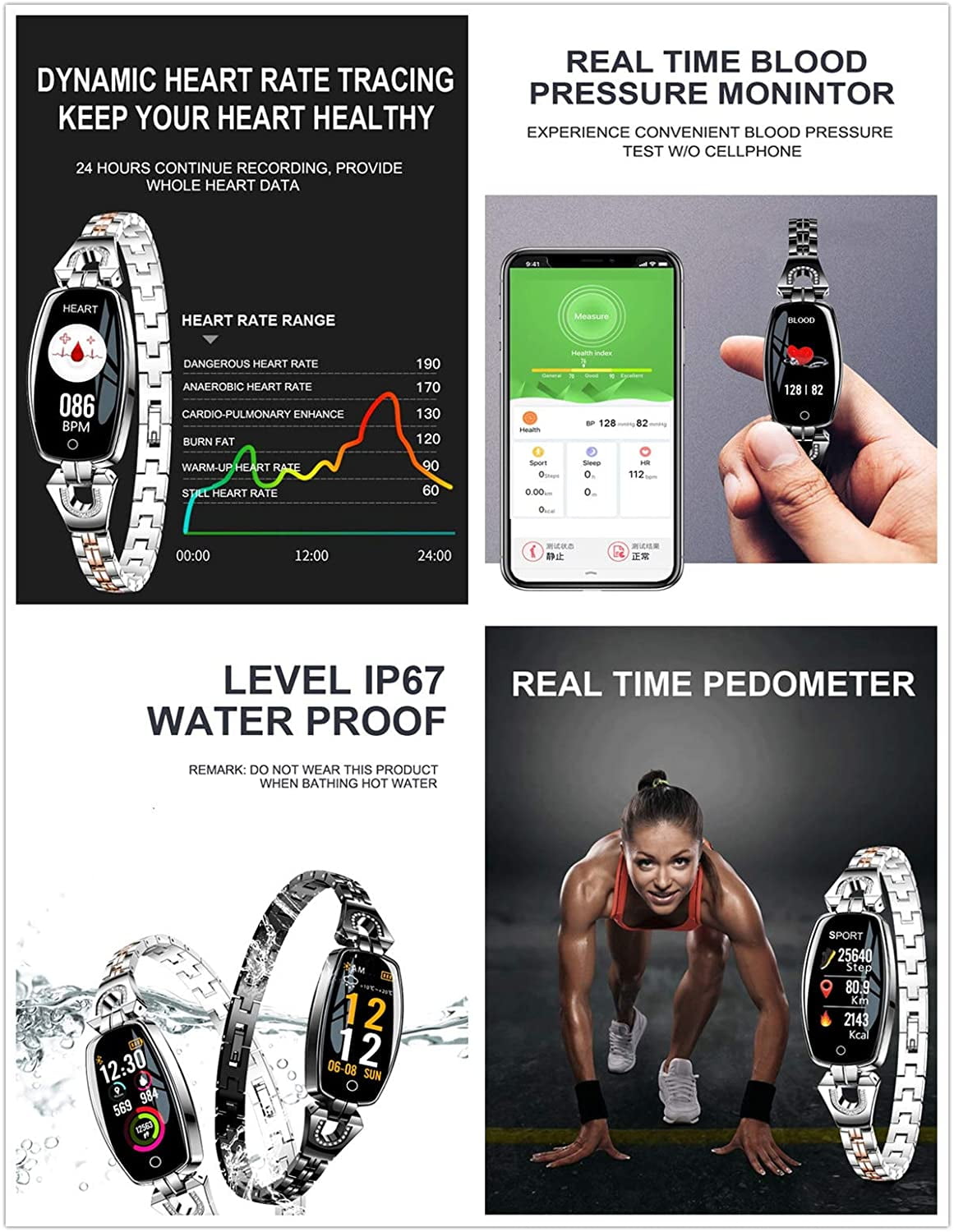 Women's Stainless Steel Fitness Smartwatch with Heart Monitor