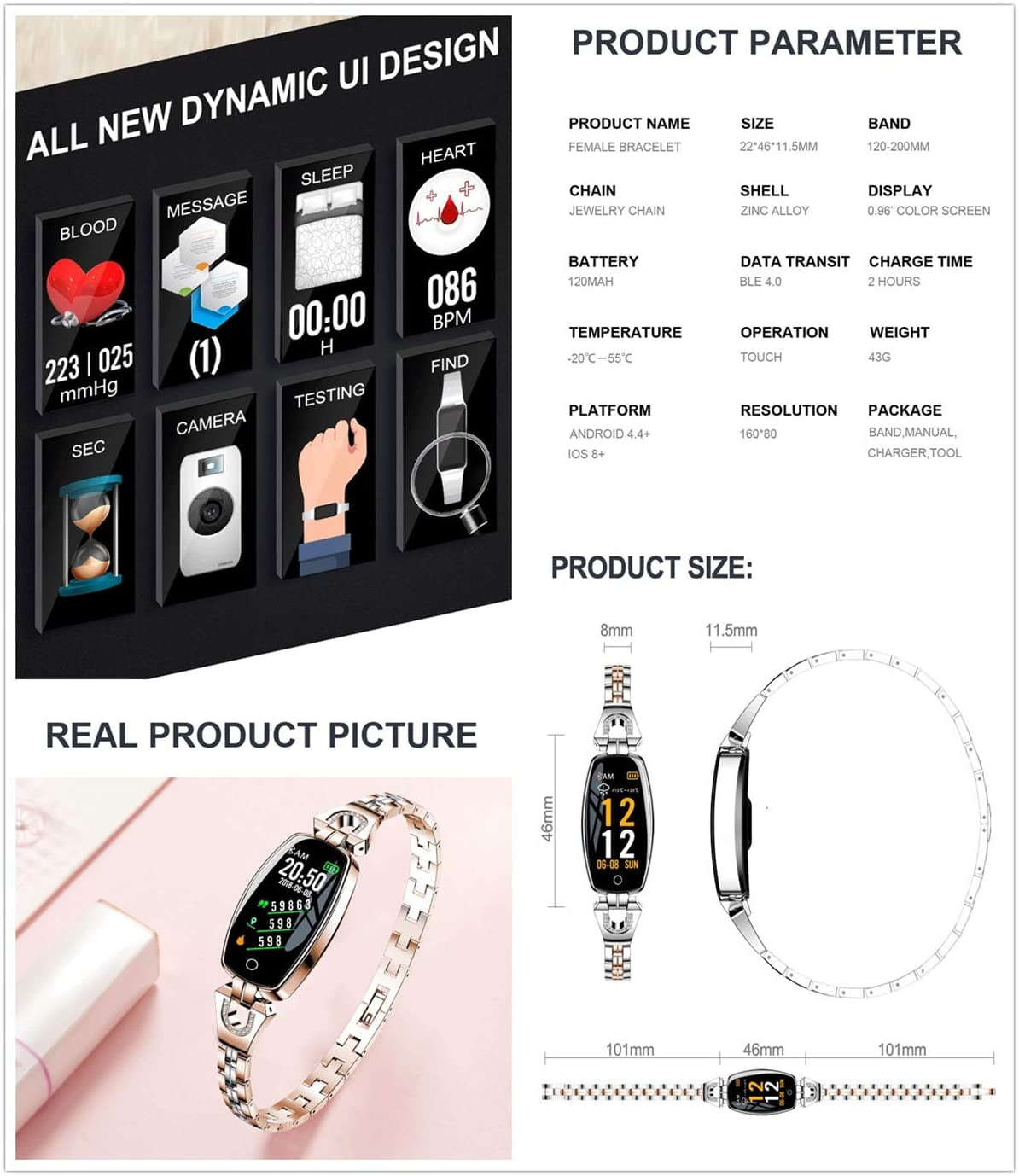 Women's Stainless Steel Fitness Smartwatch with Heart Monitor