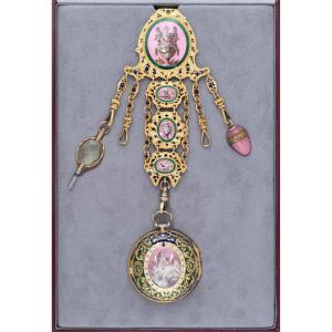 Elegant Gold and Enamel Chatelaine Watch