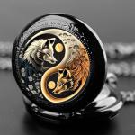 Vintage Yin Yang Fox Pocket Watch with Chain