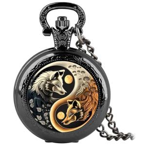 Vintage Yin Yang Fox Pocket Watch with Chain