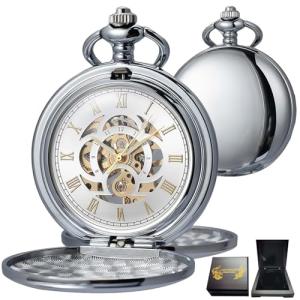 Skeleton Pocket Watch with Roman Numerals and Chain