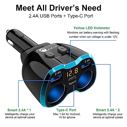USB C Car Charger with Dual Outlets