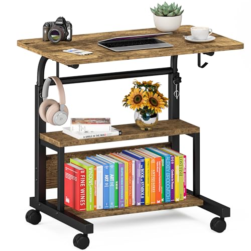 Height Adjustable Rolling Desk with Storage Shelves