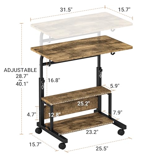 Height Adjustable Rolling Desk with Storage Shelves