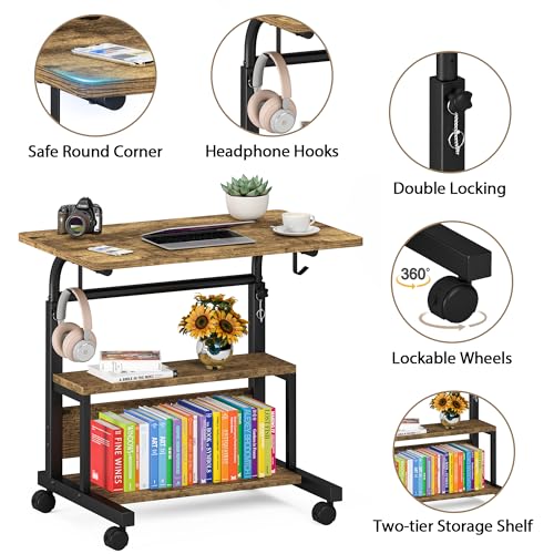 Height Adjustable Rolling Desk with Storage Shelves
