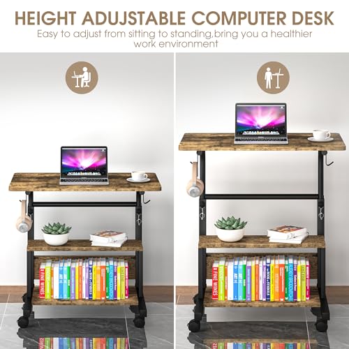 Height Adjustable Rolling Desk with Storage Shelves