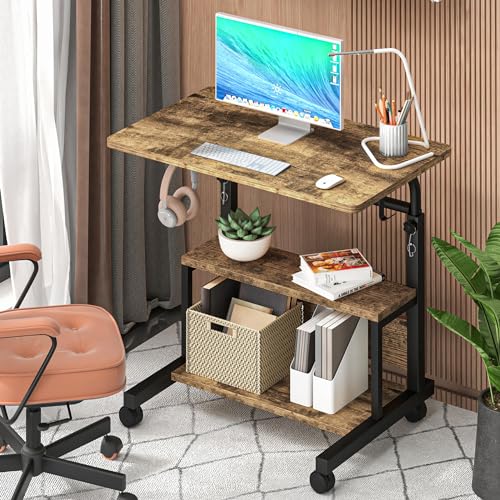 Height Adjustable Rolling Desk with Storage Shelves