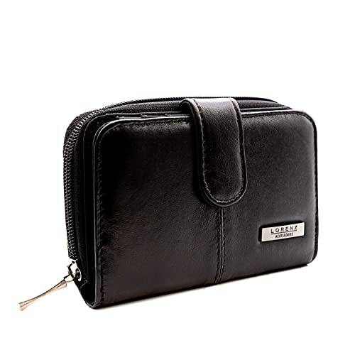 Women's Leather Zip Wallet with Coin Pocket - Black