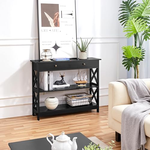 Yaheetech Black Console Table with Drawer & Shelves