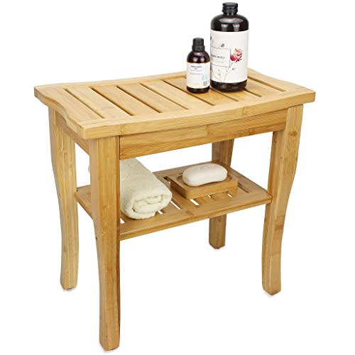 Bamboo Shower Bench with Storage Shelf - Natural