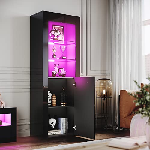 Black Gloss LED Display Cabinet with 5-Tier Shelves