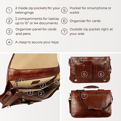 Handcrafted Dark Brown Leather Laptop Messenger Bag