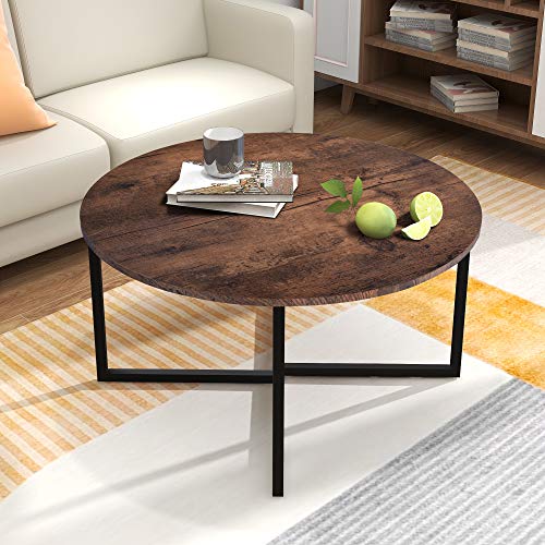Modern Round Coffee Table with Metal Legs, Black/Brown