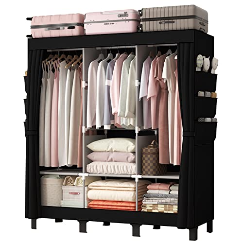LOEFME Black Fabric Wardrobe with Hanging Rails