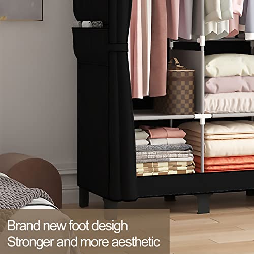 LOEFME Black Fabric Wardrobe with Hanging Rails