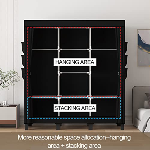 LOEFME Black Fabric Wardrobe with Hanging Rails