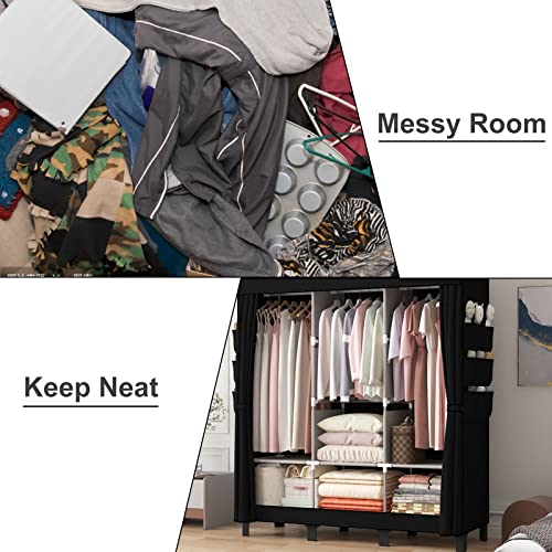 LOEFME Black Fabric Wardrobe with Hanging Rails