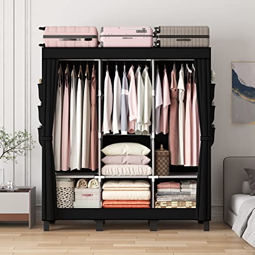 LOEFME Black Fabric Wardrobe with Hanging Rails