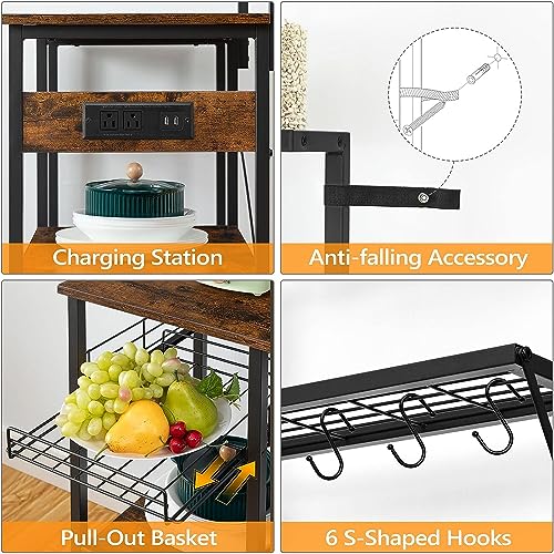 Industrial 4-Tier Baker's Rack with Hooks & Basket