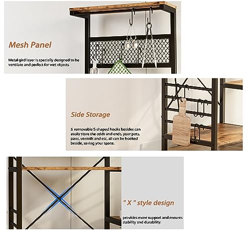 Industrial 4-Tier Baker's Rack with Hooks & Basket