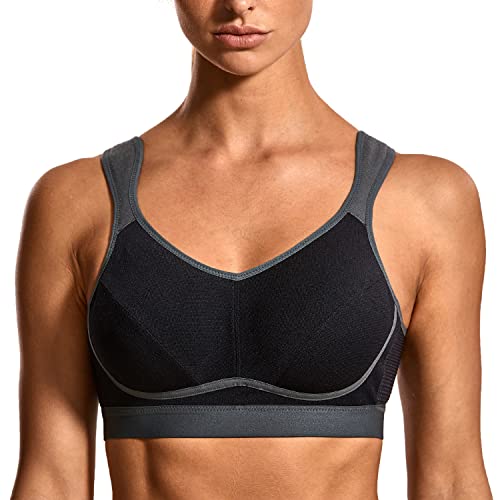 SYROKAN Women's High Impact Sports Bra, Black/Grey