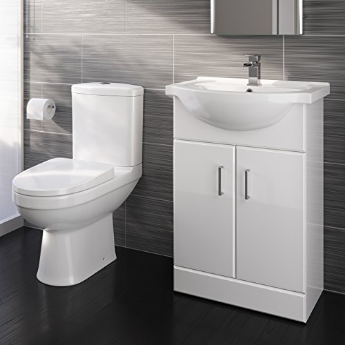 iBathUK Combination Vanity Unit Furniture Set, Wash Basin Bathroom Sink, Soft Close Toilet Seat, Push Button Flush, Closed Coupled Toilet Set-White (Flatpack)