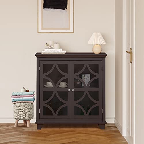 COSTWAY Espresso Buffet Sideboard with Glass Doors