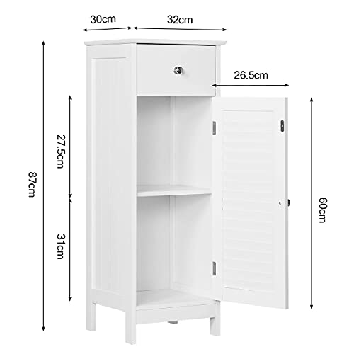 Slim White Bathroom Floor Cabinet with Storage Shelves