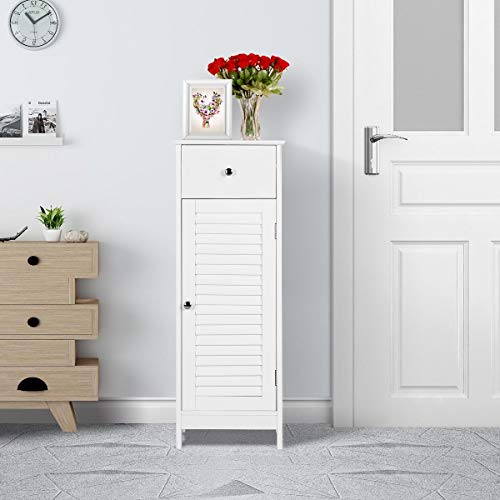 Slim White Bathroom Floor Cabinet with Storage Shelves