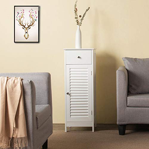 Slim White Bathroom Floor Cabinet with Storage Shelves