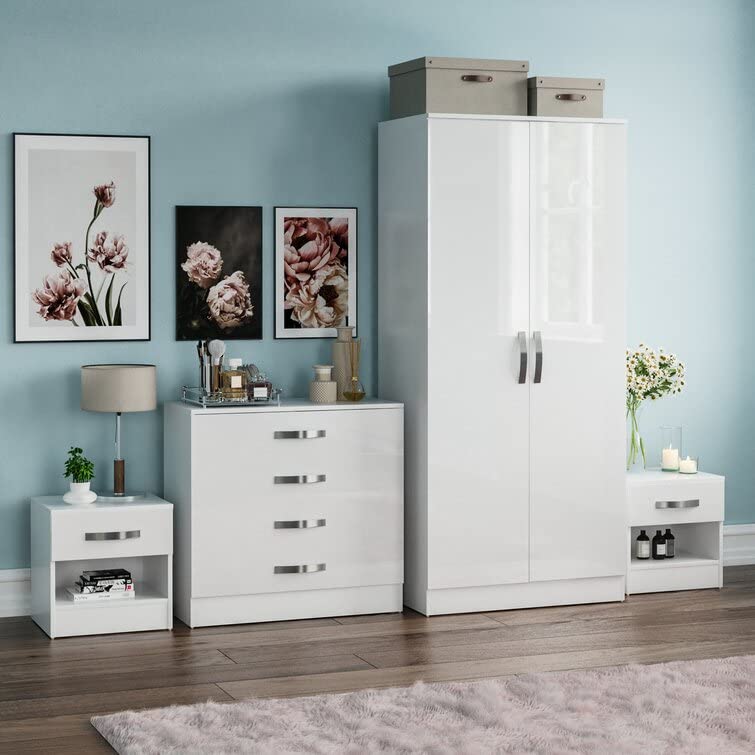 High Gloss 4 Piece Bedroom Furniture Set - White